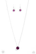 Load image into Gallery viewer, A single fuchsia rhinestone sparkles brilliantly at the bottom of a dainty silver chain, creating a stunning solitaire design. Features an adjustable clasp closure.  Sold as one individual necklace. Includes one pair of matching earrings.

