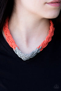 Strands of orange seed beads create an indigenous braid below the collar. The orange seed beads gradually morph into metallic silver beads at the center for a chic contrasting look. Features an adjustable clasp closure. Sold as one individual necklace. Includes one pair of matching earrings.