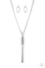 Load image into Gallery viewer, Shimmery strands of silver popcorn chain dramatically fall down the chest. An additional chain wraps around the cascading strands, creating a bold central pendant with shimmering tassels.  Sold as one individual necklace. Includes one pair of matching earrings.
