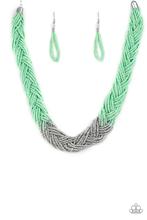 Strands of green seed beads create an indigenous braid below the collar. The green seed beads gradually morph into metallic silver beads at the center for a chic contrasting look. Features an adjustable clasp closure. Sold as one individual necklace. Includes one pair of matching earrings.