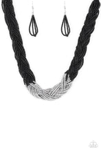 Load image into Gallery viewer, Strands of black seed beads create an indigenous braid below the collar. The black seed beads gradually morph into metallic silver beads at the center for a chic contrasting look. Features an adjustable clasp closure.  Sold as one individual necklace. Includes one pair of matching earrings.
