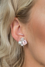 Load image into Gallery viewer, Featuring a classic pearl, mismatched pink and white rhinestones join into a radiant frame. Earring attaches to a standard clip-on fitting.  Sold as one pair of clip-on earrings.
