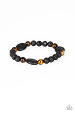 Load image into Gallery viewer, A collection of black lava rocks and earthy Tiger&#39;s Eye stone beads are threaded along a stretchy band around the wrist for a seasonal look. Sold as one individual bracelet.
