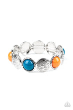 Load image into Gallery viewer, Embossed in wavy textures, shiny silver discs and bubbly orange and Mosaic Blue beaded frames are threaded along a stretchy band around the wrist, creating a colorful statement piece.
