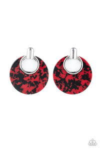 Featuring a red and black tortoise shell finish, a colorful acrylic frame attaches to a sleek silver fitting for a retro look. Earring attaches to a standard post fitting. Color may vary. Sold as one pair of post earrings.