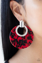 Load image into Gallery viewer, Featuring a red and black tortoise shell finish, a colorful acrylic frame attaches to a sleek silver fitting for a retro look. Earring attaches to a standard post fitting. Color may vary. Sold as one pair of post earrings.
