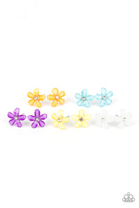 Earrings in assorted colors and floral shapes. Dotted with dainty white rhinestone centers, the glassy floral frames vary in shades of yellow, orange, blue, white, and purple. Earrings attach to standard post fittings.