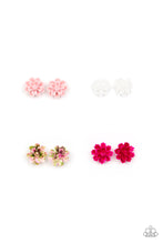Load image into Gallery viewer, Earrings in assorted colors and floral shapes. The colorful floral frames vary in shades of white, light pink, dark pink, and multicolored. Earrings attach to standard post fittings.
