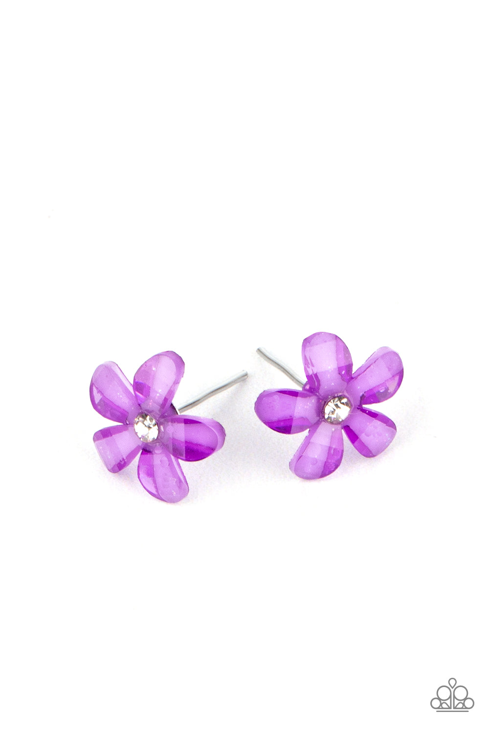 Earrings in assorted colors and floral shapes. Dotted with dainty white rhinestone centers, the glassy floral frames vary in shades of yellow, orange, blue, white, and purple. Earrings attach to standard post fittings.