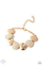 Load image into Gallery viewer, A collection of rounded golden discs wraps around the wrist in a blinding finish. Alternating between rhinestone-encrusted surfaces and strategically textured finishes, the pieces combine to create an elegant statement piece. Features an adjustable clasp closure.
