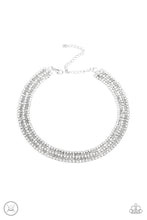 Load image into Gallery viewer, Featuring sleek square fittings, strands of glittery white rhinestones connect with rows of silver box chain around the neck for a glittery twist. Features an adjustable clasp closure.  Sold as one individual choker necklace. Includes one pair of matching earrings.
