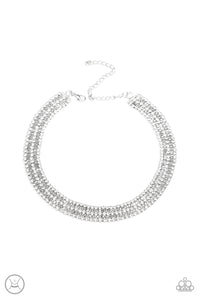 Featuring sleek square fittings, strands of glittery white rhinestones connect with rows of silver box chain around the neck for a glittery twist. Features an adjustable clasp closure.  Sold as one individual choker necklace. Includes one pair of matching earrings.