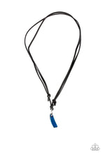 Load image into Gallery viewer, A metallic chunk of blue rock swings from the bottom of a lengthened strand of black leather cording, creating an urban pendant. Features an adjustable sliding knot closure. Size may vary. Sold as one individual necklace.
