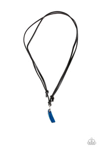 A metallic chunk of blue rock swings from the bottom of a lengthened strand of black leather cording, creating an urban pendant. Features an adjustable sliding knot closure. Size may vary. Sold as one individual necklace.