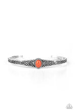 Load image into Gallery viewer, Infused with an earthy orange stone center, a dainty silver cuff has been embossed in swirling antiqued detail for a seasonal look.  Sold as one individual bracelet.
