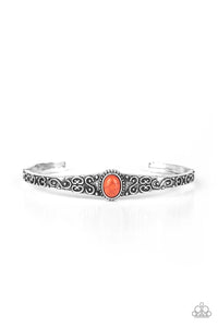 Infused with an earthy orange stone center, a dainty silver cuff has been embossed in swirling antiqued detail for a seasonal look.  Sold as one individual bracelet.