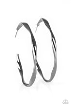 Load image into Gallery viewer, Featuring a subtle twist, a shiny gunmetal hoop curls around the ear for a bold industrial look. Earring attaches to a standard post fitting. Hoop measures 2&quot; in diameter.  Sold as one pair of hoop earrings.
