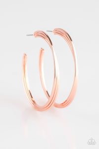 Three flat shiny copper bars curl into a bold industrial hoop. Earring attaches to a standard post fitting. Hoop measures 2" in diameter.  Sold as one pair of hoop earrings.