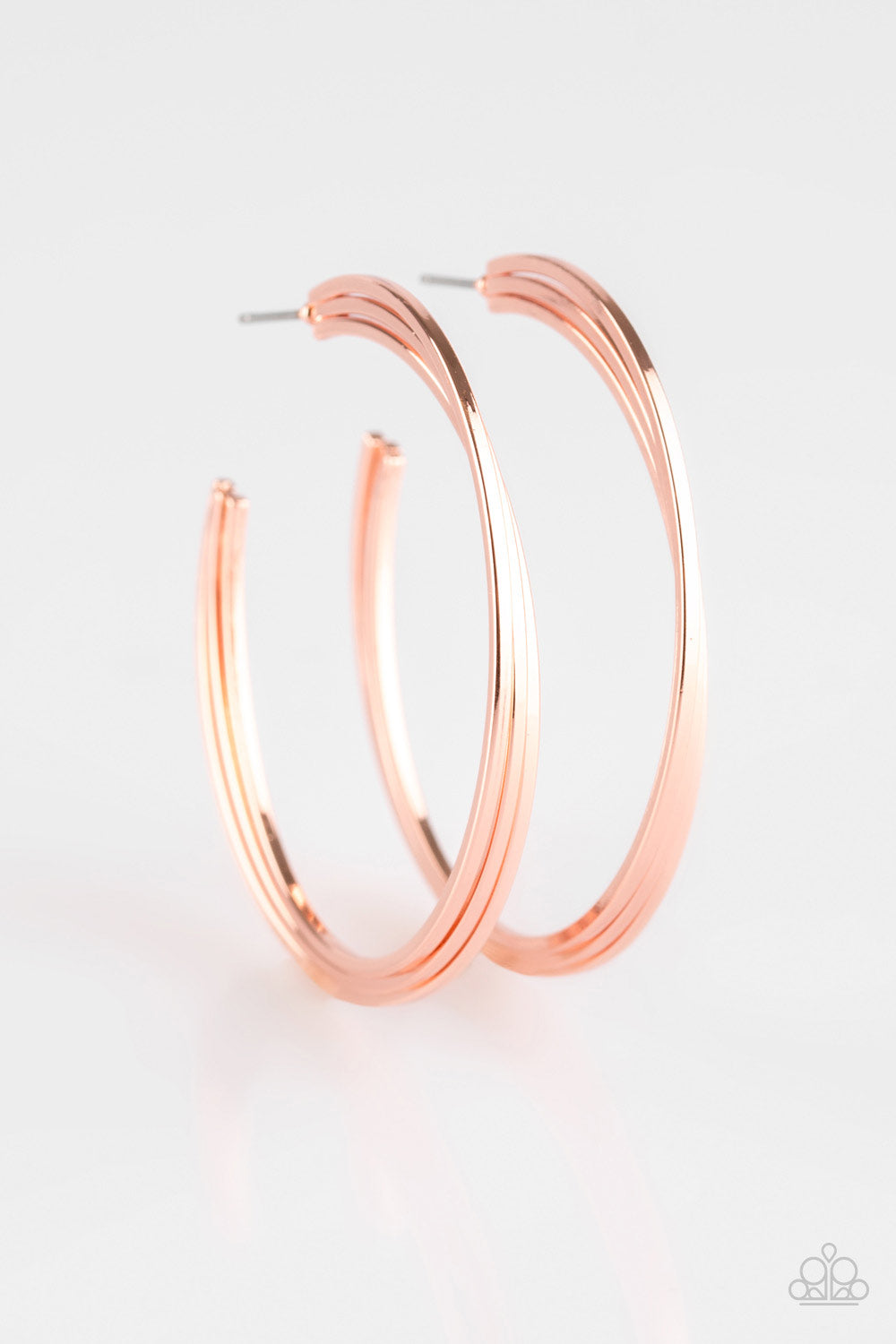 Three flat shiny copper bars curl into a bold industrial hoop. Earring attaches to a standard post fitting. Hoop measures 2