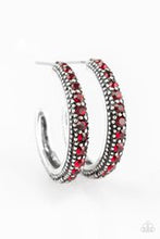 Load image into Gallery viewer, Encrusted in dazzling red rhinestones, a studded silver hoop swings from the ear for a glamorous look. Earring attaches to a standard post fitting. Hoop measures 1&quot; in diameter. Sold as one pair of hoop earrings.
