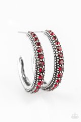 Encrusted in dazzling red rhinestones, a studded silver hoop swings from the ear for a glamorous look. Earring attaches to a standard post fitting. Hoop measures 1" in diameter. Sold as one pair of hoop earrings.