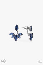 Load image into Gallery viewer, A solitaire blue marquise cut rhinestone attaches to a double-sided post, designed to fasten behind the ear. Encrusted in matching blue rhinestones, a double-sided post peeks out beneath the ear, creating a glittery fringe. Earring attaches to a standard post fitting.  Sold as one pair of post earrings.
