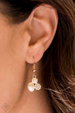 Load image into Gallery viewer, Gold flat cluster, hanging from a gold fish hook earring.
