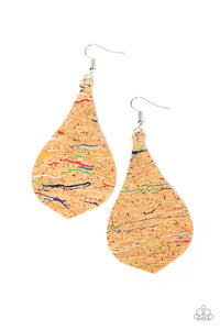 Streaked in colorful multicolored accents, a teardrop cork frame swings from the ear for a trendy vibe. Earring attaches to a standard fishhook fitting. Sold as one pair of earrings.