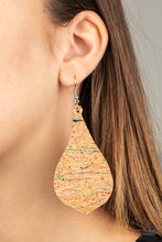 Load image into Gallery viewer, Streaked in colorful multicolored accents, a teardrop cork frame swings from the ear for a trendy vibe. Earring attaches to a standard fishhook fitting. Sold as one pair of earrings.
