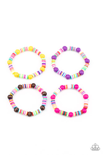 Bracelets in assorted colors and shapes. Featuring colorful wooden beads, a variety of rubbery multicolored accents are threaded along stretchy bands around the wrist.