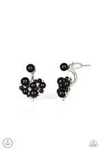 Load image into Gallery viewer, A solitaire black bead attaches to a double-sided post, designed to fasten behind the ear. Radiating with dainty white rhinestones and matching black beads, the heart-shaped double sided-post peeks out beneath the ear for a refined look. Earring attaches to a standard post fitting.  Sold as one pair of double-sided post earrings.
