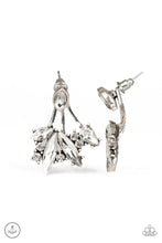 Load image into Gallery viewer, A solitaire white marquise cut rhinestone attaches to a double-sided post, designed to fasten behind the ear. Encrusted in a collision of mismatched white rhinestones, a double-sided post peeks out beneath the ear, creating a glittery fringe. Earring attaches to a standard post fitting.  Sold as one pair of double-sided post earrings.
