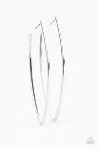 Glistening silver bars fold into an asymmetrical silver hoop for an edgy look. Earring attaches to a standard post fitting. Hoop measures 1 1/2" in diameter.  Sold as one pair of hoop earrings.