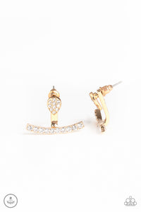 Encrusted in glassy white rhinestones, a dainty gold teardrop attaches to a double-sided post, designed to fasten behind the ear. Radiating with a row of glassy white rhinestones, a bowing gold frame peeks out beneath the ear for a bold look. Earring attaches to a standard post fitting.  Sold as one pair of double-sided post earrings.