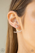 Load image into Gallery viewer, Encrusted in glassy white rhinestones, a dainty gold teardrop attaches to a double-sided post, designed to fasten behind the ear. Radiating with a row of glassy white rhinestones, a bowing gold frame peeks out beneath the ear for a bold look. Earring attaches to a standard post fitting.  Sold as one pair of double-sided post earrings.
