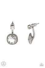 Load image into Gallery viewer, A solitaire white rhinestone attaches to a double-sided post, designed to fasten behind the ear. Featuring a faceted white gem, the glitzy double-sided post peeks out beneath the ear for a refined look. Earring attaches to a standard post fitting.  Sold as one pair of double-sided post earrings.
