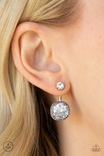 Load image into Gallery viewer, A solitaire white rhinestone attaches to a double-sided post, designed to fasten behind the ear. Featuring a faceted white gem, the glitzy double-sided post peeks out beneath the ear for a refined look. Earring attaches to a standard post fitting.  Sold as one pair of double-sided post earrings.
