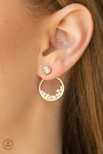 Load image into Gallery viewer, A solitaire white rhinestone attaches to a double-sided post, designed to fasten behind the ear. Encrusted in dainty white rhinestones, the circular double-side post peeks out beneath the ear for a bold look. Earring attaches to a standard post fitting.  Sold as one pair of double-sided post earrings.
