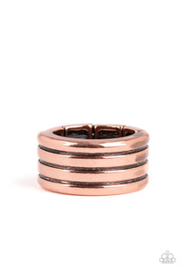 Row after row of horizontal lines are engraved across the front of a thick copper band for a rustic look. Features a stretchy band for a flexible fit.  Sold as one individual ring.