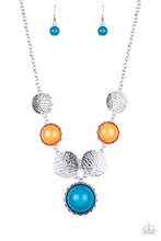 Load image into Gallery viewer, Embossed in wavy textures, shiny silver discs link with bubbly orange and Mosaic Blue beaded frames below the collar, creating a colorful statement piece. Features an adjustable clasp closure.
