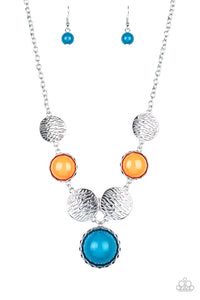Embossed in wavy textures, shiny silver discs link with bubbly orange and Mosaic Blue beaded frames below the collar, creating a colorful statement piece. Features an adjustable clasp closure.