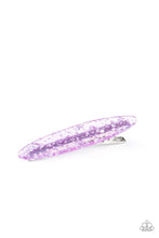 Load image into Gallery viewer, Speckled in metallic shavings, an oval purple acrylic frame pulls back the hair for a colorfully retro look. Features a standard hair clip on the back.  Sold as one individual hair clip.
