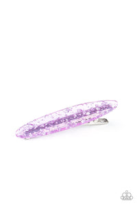 Speckled in metallic shavings, an oval purple acrylic frame pulls back the hair for a colorfully retro look. Features a standard hair clip on the back.  Sold as one individual hair clip.