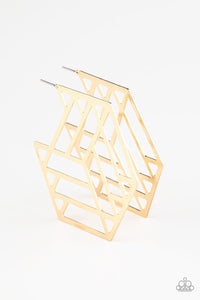 Flat goldbars connect into an edgy hexagonal frame, creating a chic geometric hoop. Earring attaches to a standard post fitting. Hoop measures approximately 2 3/4" in diameter.  Sold as one pair of hoop earrings.