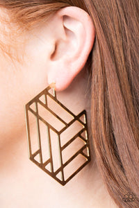 Flat gold bars connect into an edgy hexagonal frame, creating a chic geometric hoop. Earring attaches to a standard post fitting. Hoop measures approximately 2 3/4" in diameter.  Sold as one pair of hoop earrings.