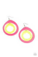 Load image into Gallery viewer, Featuring asymmetrical shapes, neon pink and yellow acrylic hoops link into a dizzying lure for an out-of-this-world experience. Earring attaches to a standard fishhook fitting.  Sold as one pair of earrings.
