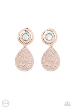 Load image into Gallery viewer, A hammered rose gold teardrop dangles from the bottom of an ornate rose gold disc that is dotted with a dreamy opal beaded center. Earring attaches to a standard clip-on fitting.  Sold as one pair of clip-on earrings.
