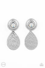 Load image into Gallery viewer, A hammered silver teardrop dangles from the bottom of an ornate silver disc that is dotted with a dreamy opal beaded center. Earring attaches to a standard clip-on fitting.  Sold as one pair of clip-on earrings.
