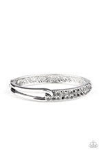 Load image into Gallery viewer, An airy silver fitting links with a silver band encrusted in two rows of glittery hematite rhinestones across the wrist, creating an edgy bangle-like cuff. Features a hinged closure.  Sold as one individual bracelet.
