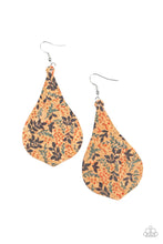 Load image into Gallery viewer, Featuring a colorful leafy pattern, a teardrop cork frame swings from the ear for a trendy vibe. Earring attaches to a standard fishhook fitting.  Sold as one pair of earrings.
